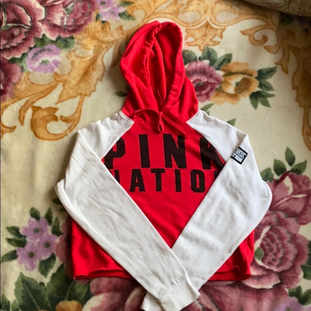 PINK Victoria's Secret Red and White Hoodie Sweater